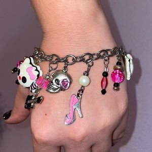 OOAK Hello Kitty Punk Silver Skull Charm Bracelet